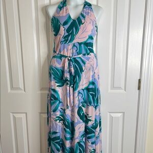 2 pc Tropical Leaf Print Halter Swimsuit and skirt coverup